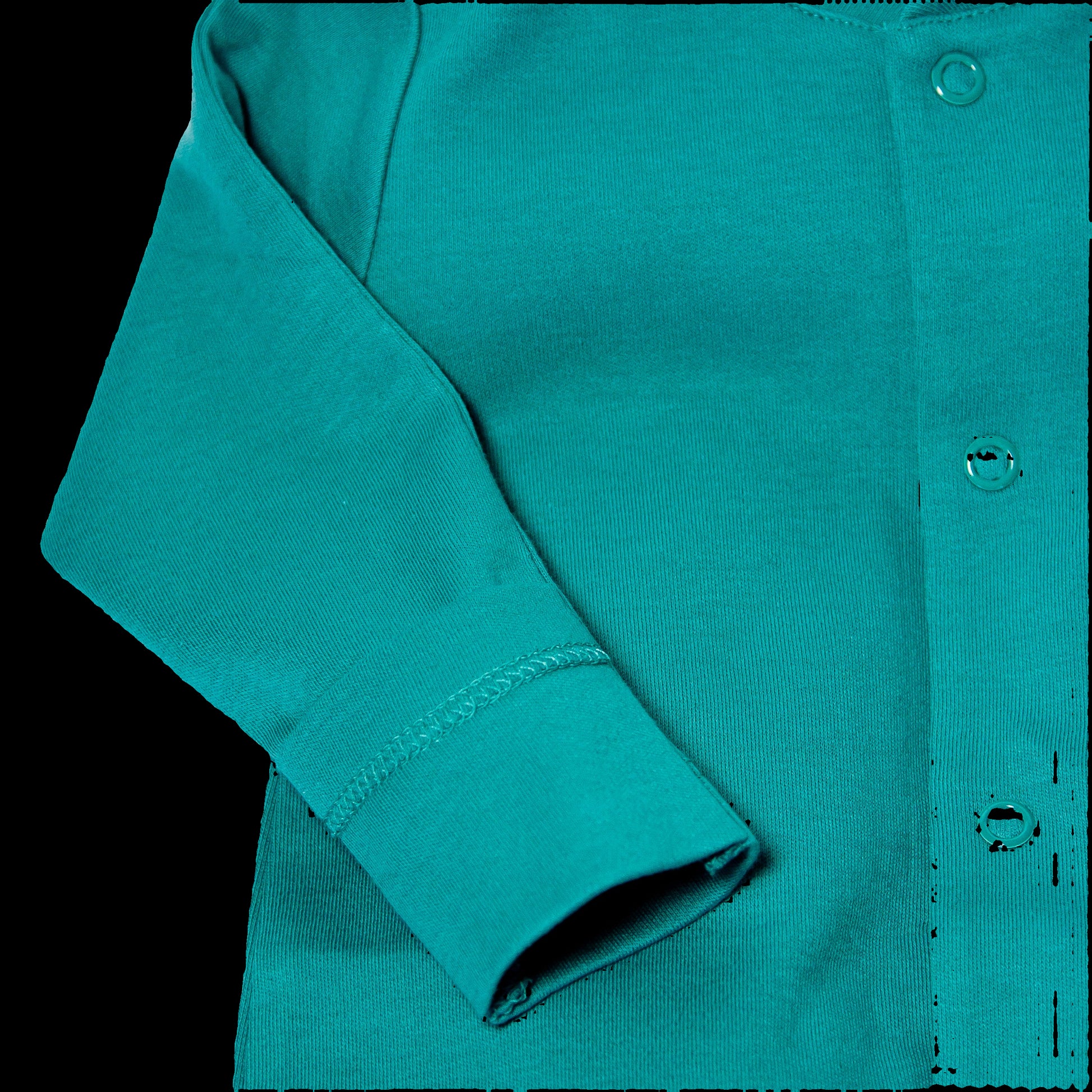 Close-up of a teal baby onesie with buttons on a white background