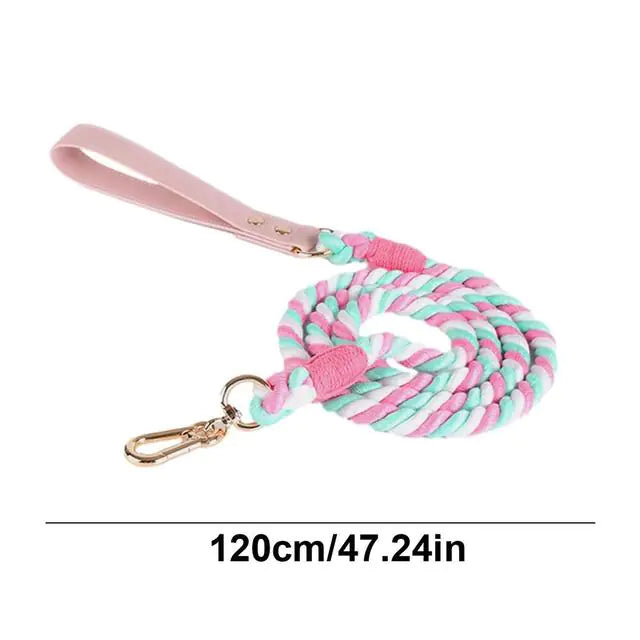 Colorful braided leash with pink handle and gold clasp on a white background