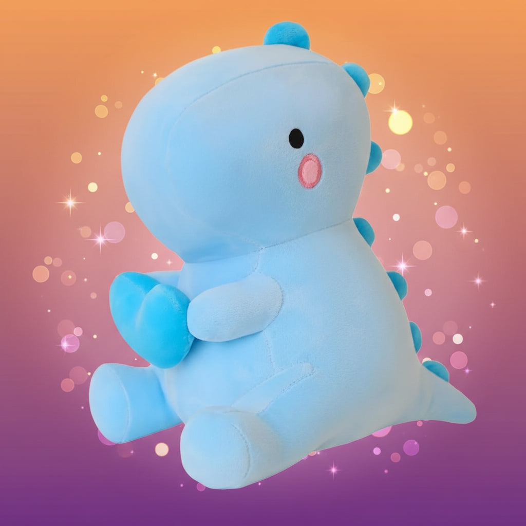 Blue plush toy with dinosaur design on a white background