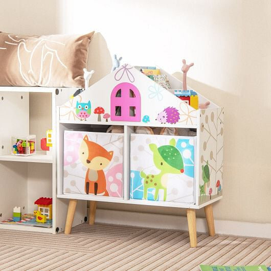 Children's toy storage unit with animal-themed bins in a room setting.