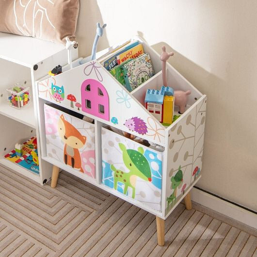 Children's toy organizer with animal prints filled with books and toys on a wooden floor.