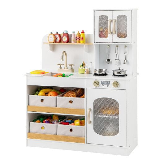 Children's play kitchen set with various accessories on a white background