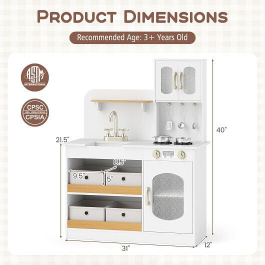 Dimensions of a children's play kitchen set with safety certification logos.