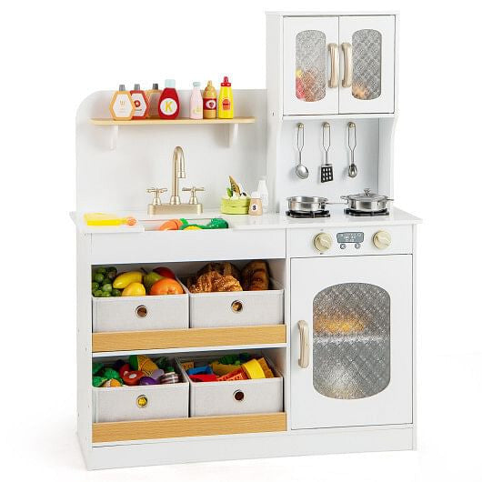 Children's play kitchen set with various accessories on a white background
