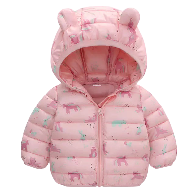 Pink children's puffer jacket with bear ears on a white background