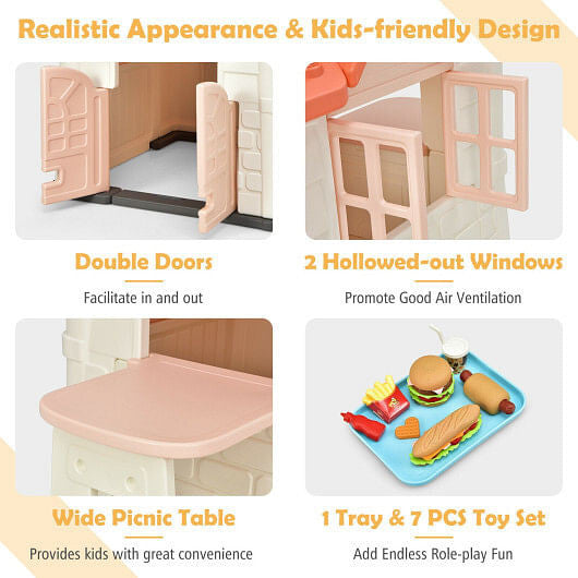 Children's playhouse with features like double doors, hollowed-out windows, wide picnic table, and toy set.