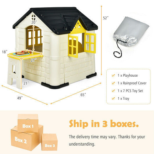 Playhouse with dimensions and accessories on a white background