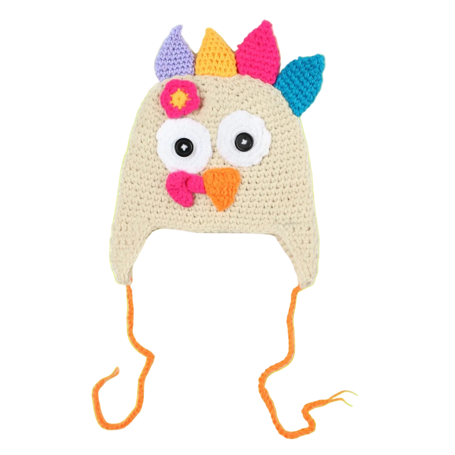 Colorful owl-themed crochet hat with spiky ears on a white background