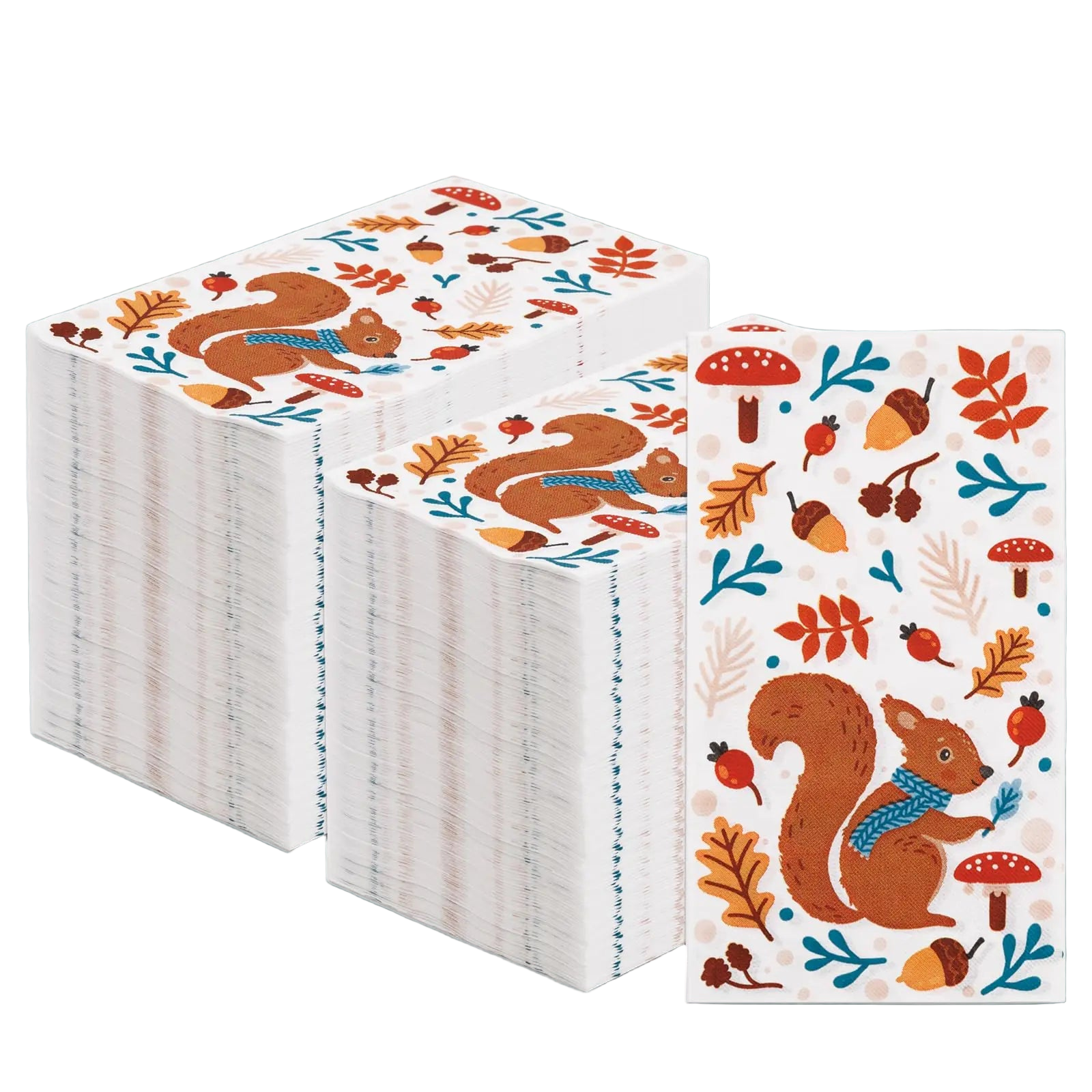 Stack of paper napkins with autumn-themed design featuring squirrels and leaves on a white background.