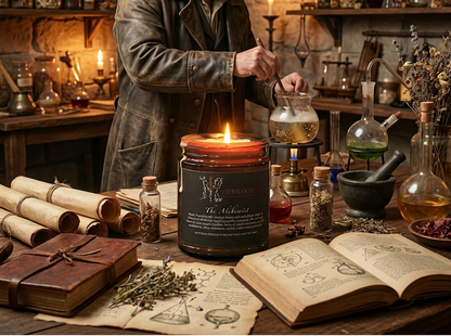 Man in a historical setting, possibly a alchemist, working with a candle and books in a room filled with potions and herbs.