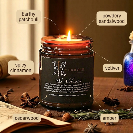 Thiologie candle labeled with scents on a wooden surface