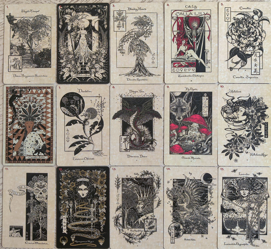 Collection of tarot cards with intricate designs and symbols on a textured background