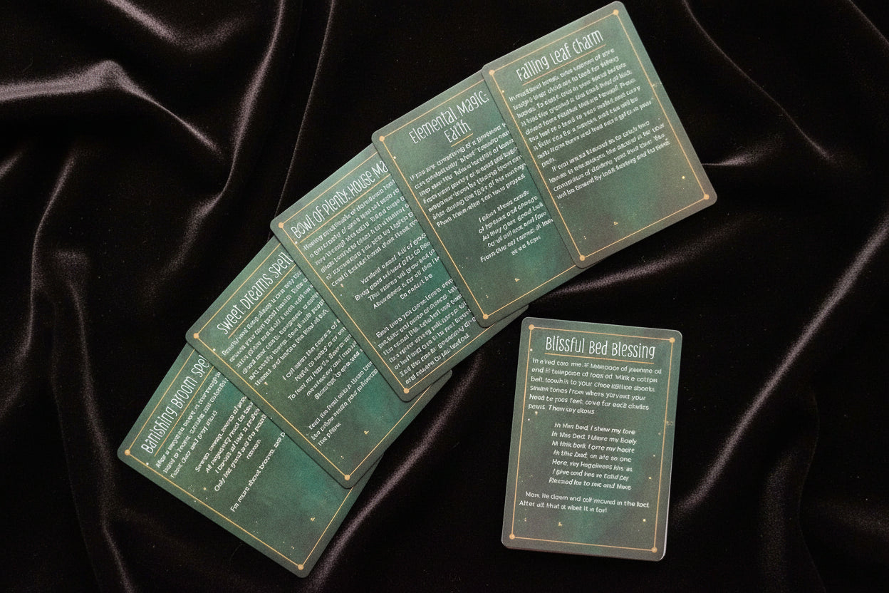 Set of green cards with text on a white background