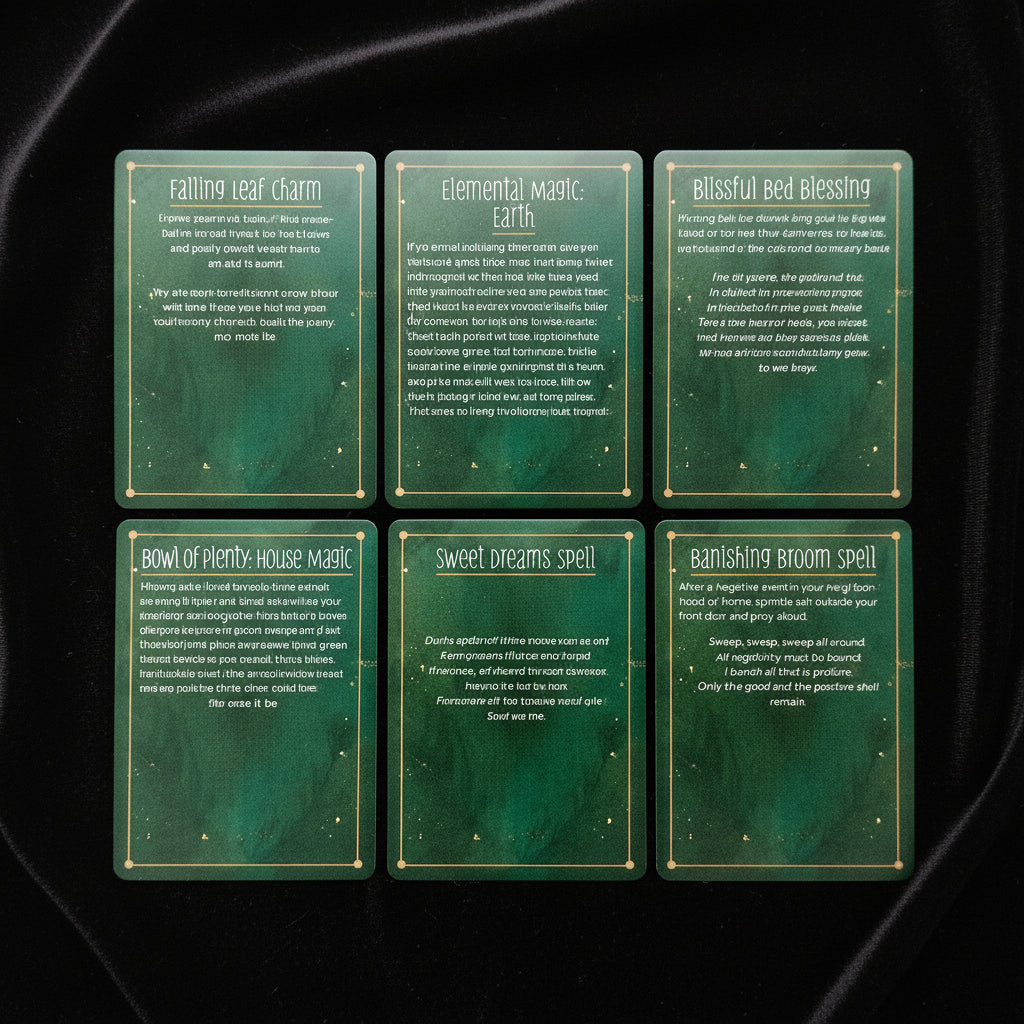 Set of six green spell cards with text on a white background