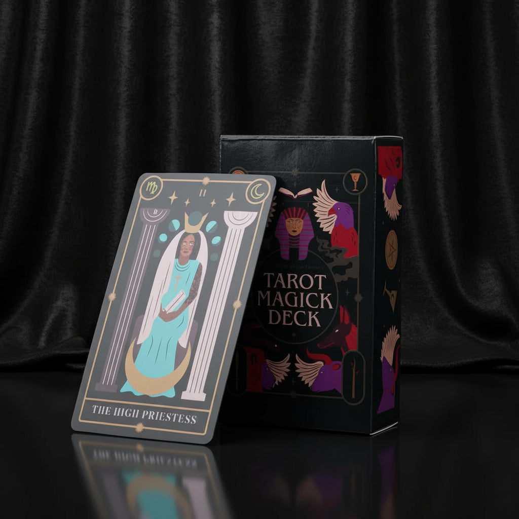 Tarot Magick Deck with a card featuring 'The High Priestess' and the deck's packaging.