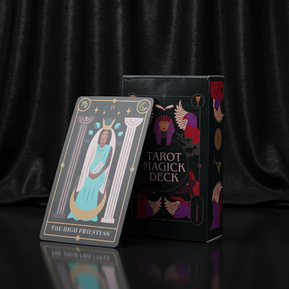 Tarot Magick Deck with a card featuring 'The High Priestess' and the deck's packaging.