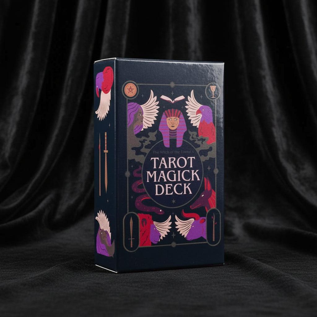 Tarot Magick Deck packaging with illustrations of a woman and animals on a dark background