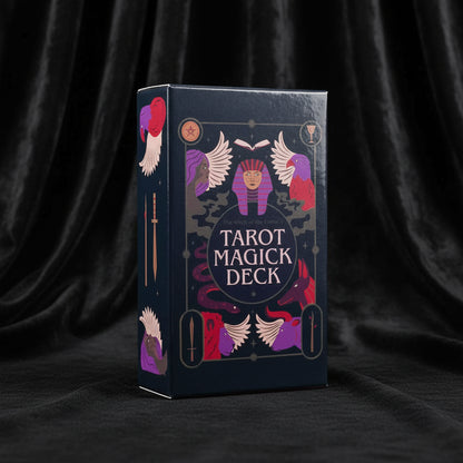 Tarot Magick Deck packaging with illustrations of a woman and animals on a dark background