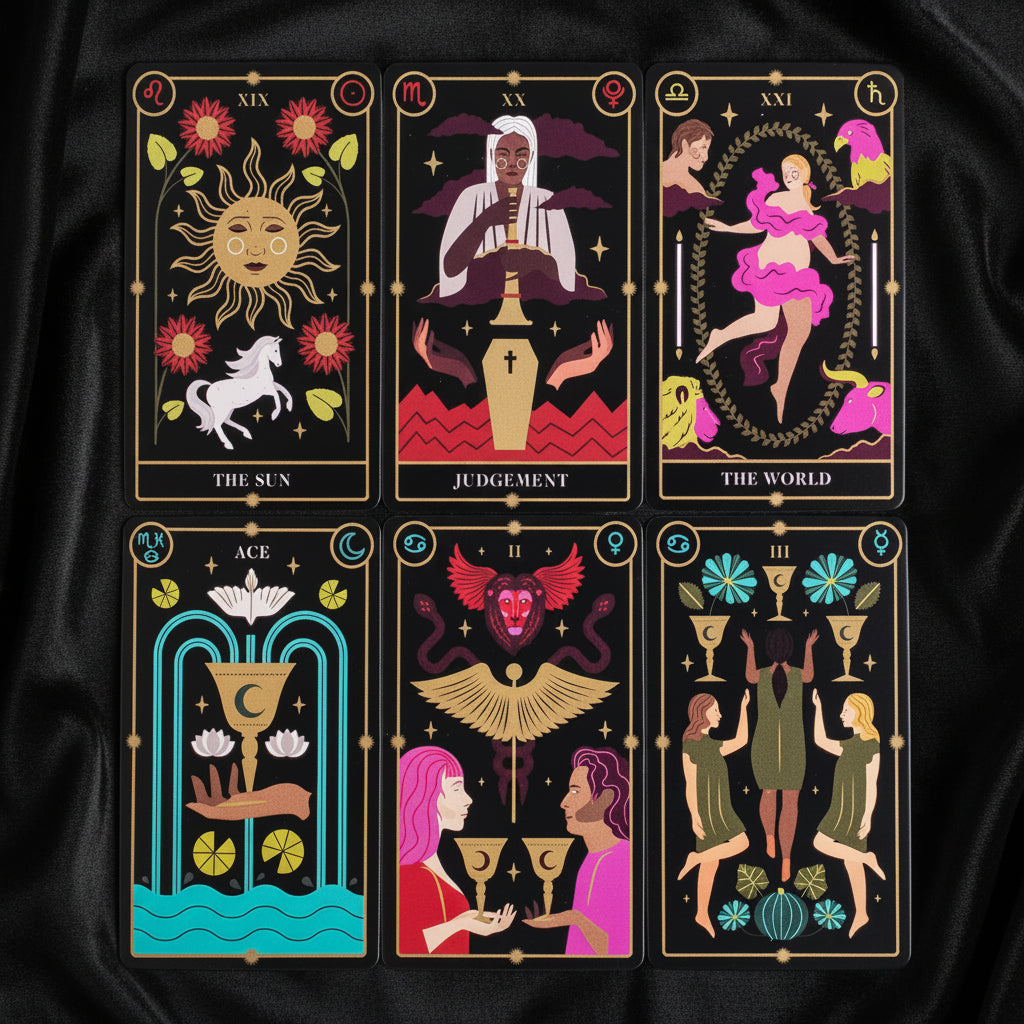 Set of tarot cards with colorful illustrations on a white background