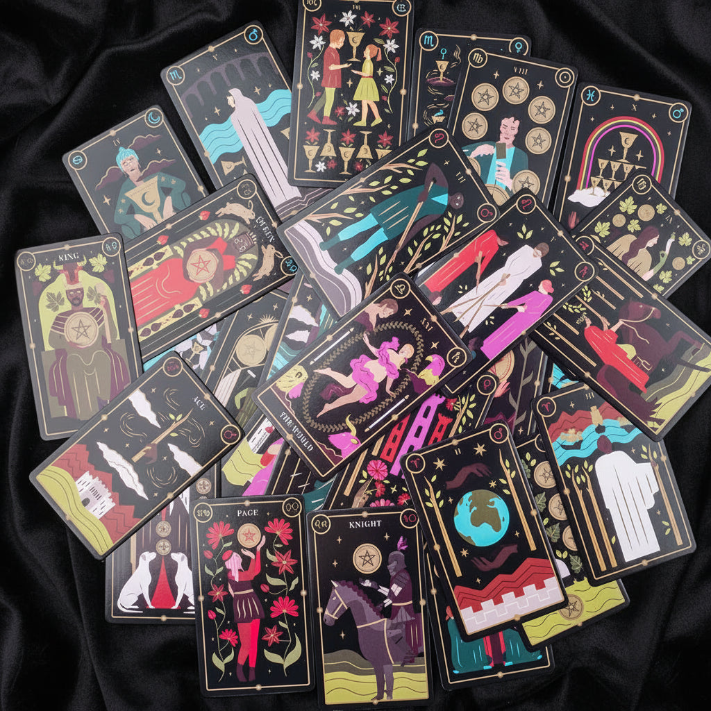 Collection of tarot cards with colorful illustrations on a white background