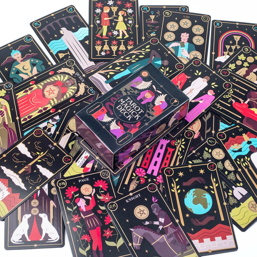 Collection of tarot cards with a box labeled 'A Tarot Deck' on a white background