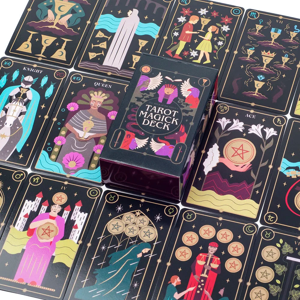 Tarot cards with colorful illustrations on a black background, featuring the 'Tarot Magick Deck' box.