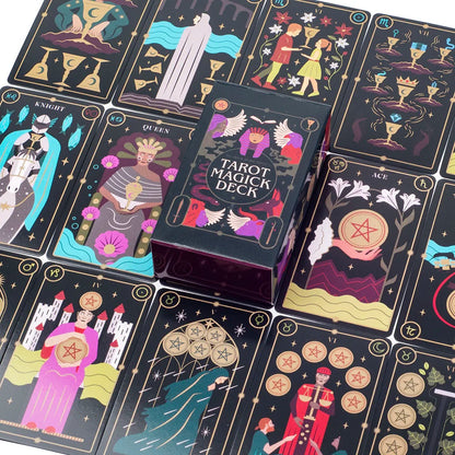 Tarot cards with colorful illustrations on a black background, featuring the 'Tarot Magick Deck' box.