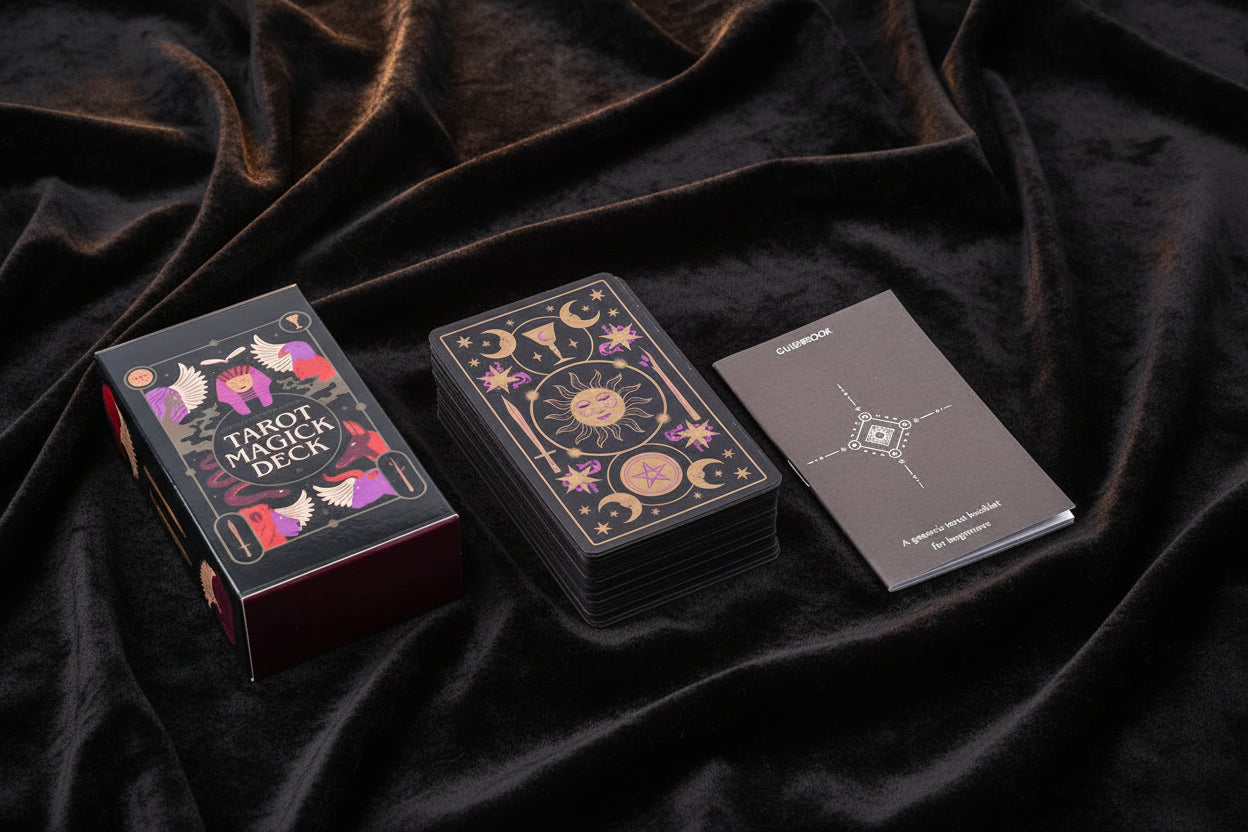 Tarot cards with packaging and a notebook on a white background