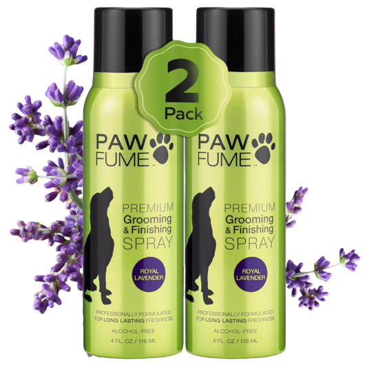 Two bottles of Paw Fume grooming spray with lavender flowers on a white background