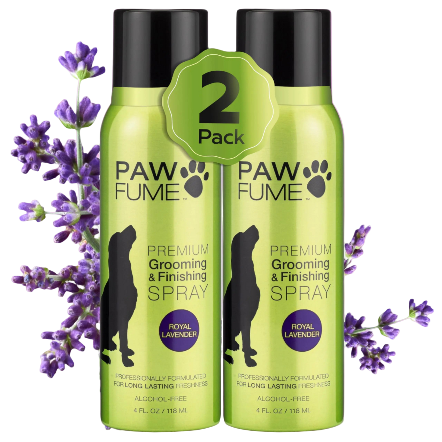 Two bottles of Paw Fume grooming spray with lavender flowers on a white background