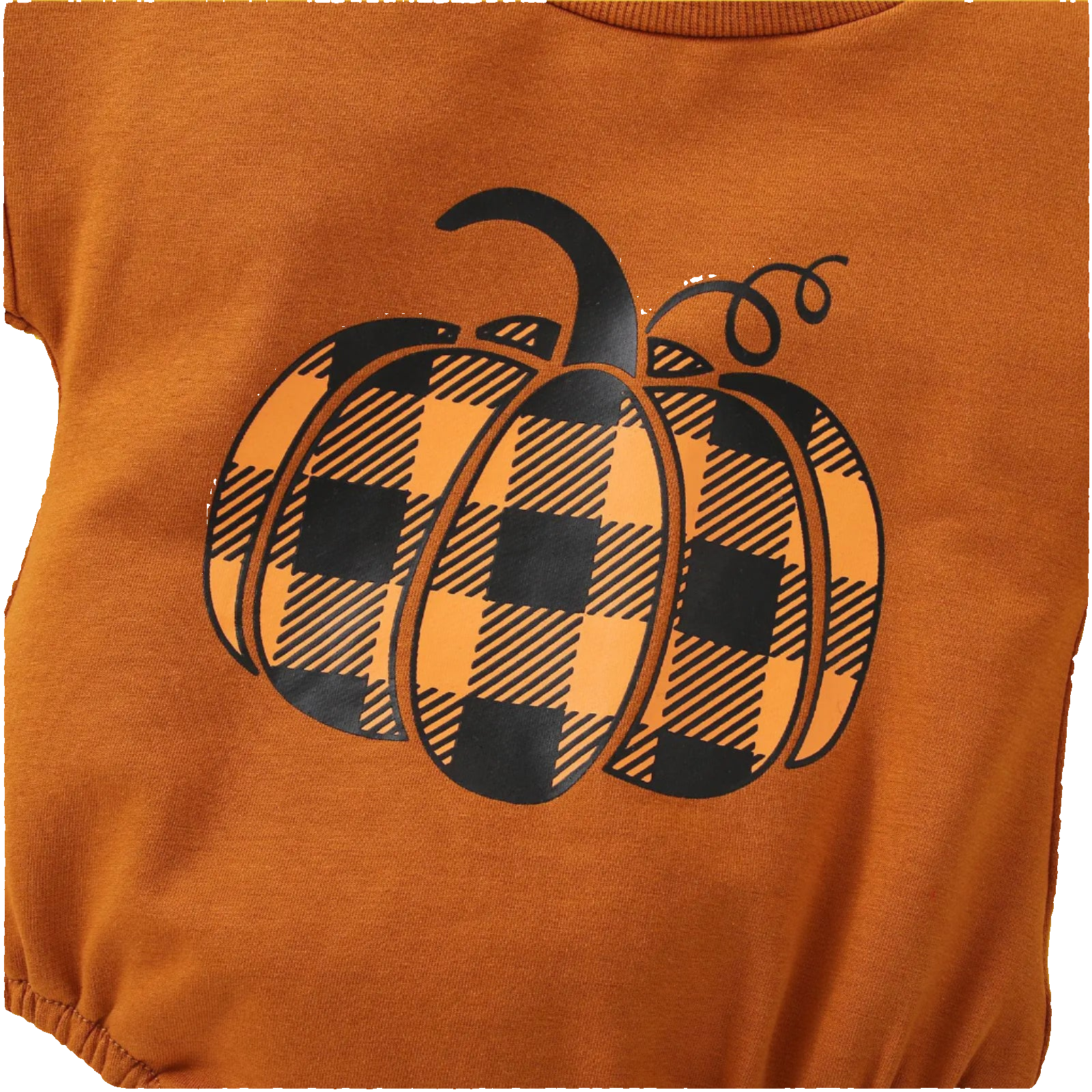 Orange shirt with black checkered pumpkin design on a beige background