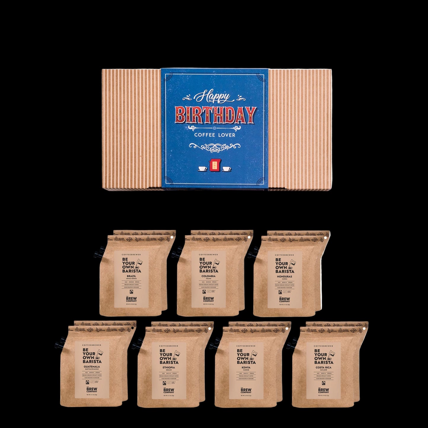 Set of coffee packages with a birthday card for a coffee lover on a white background