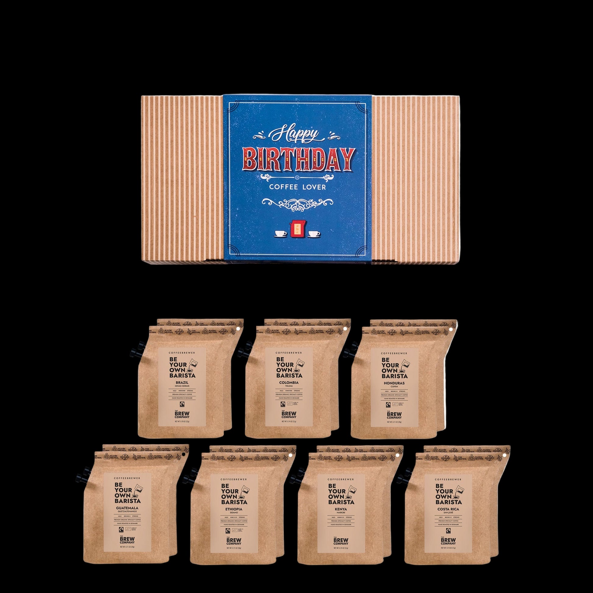 Set of coffee packages with a birthday card for a coffee lover on a white background