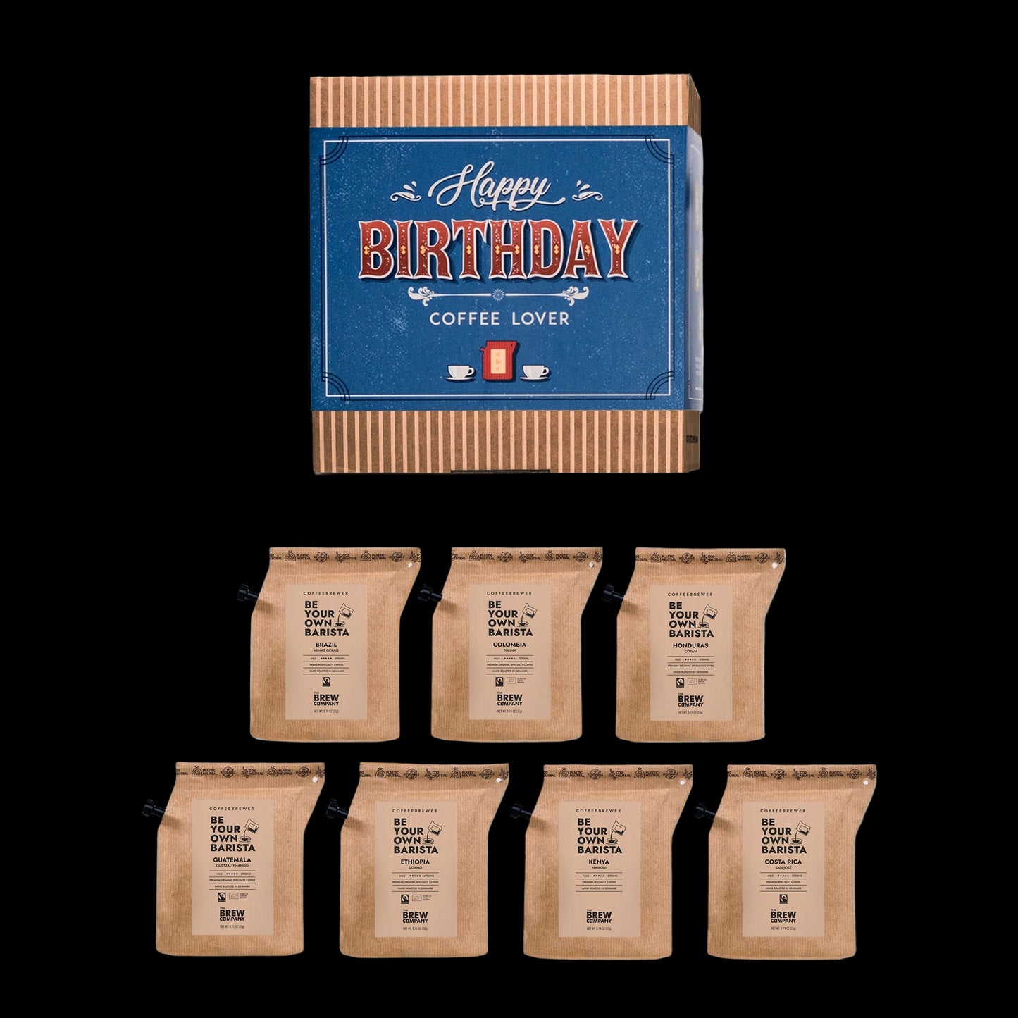Set of coffee packages with a birthday card for a coffee lover on a white background