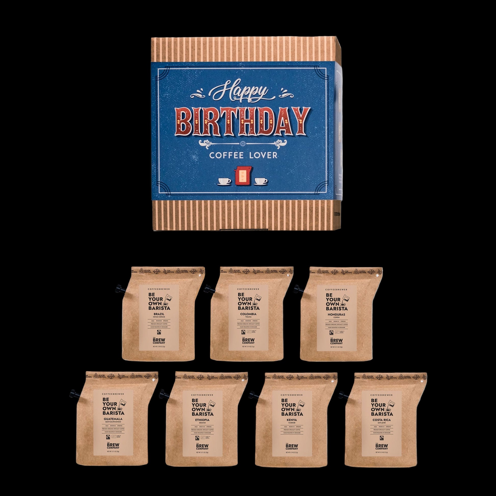 Set of coffee packages with a birthday card for a coffee lover on a white background