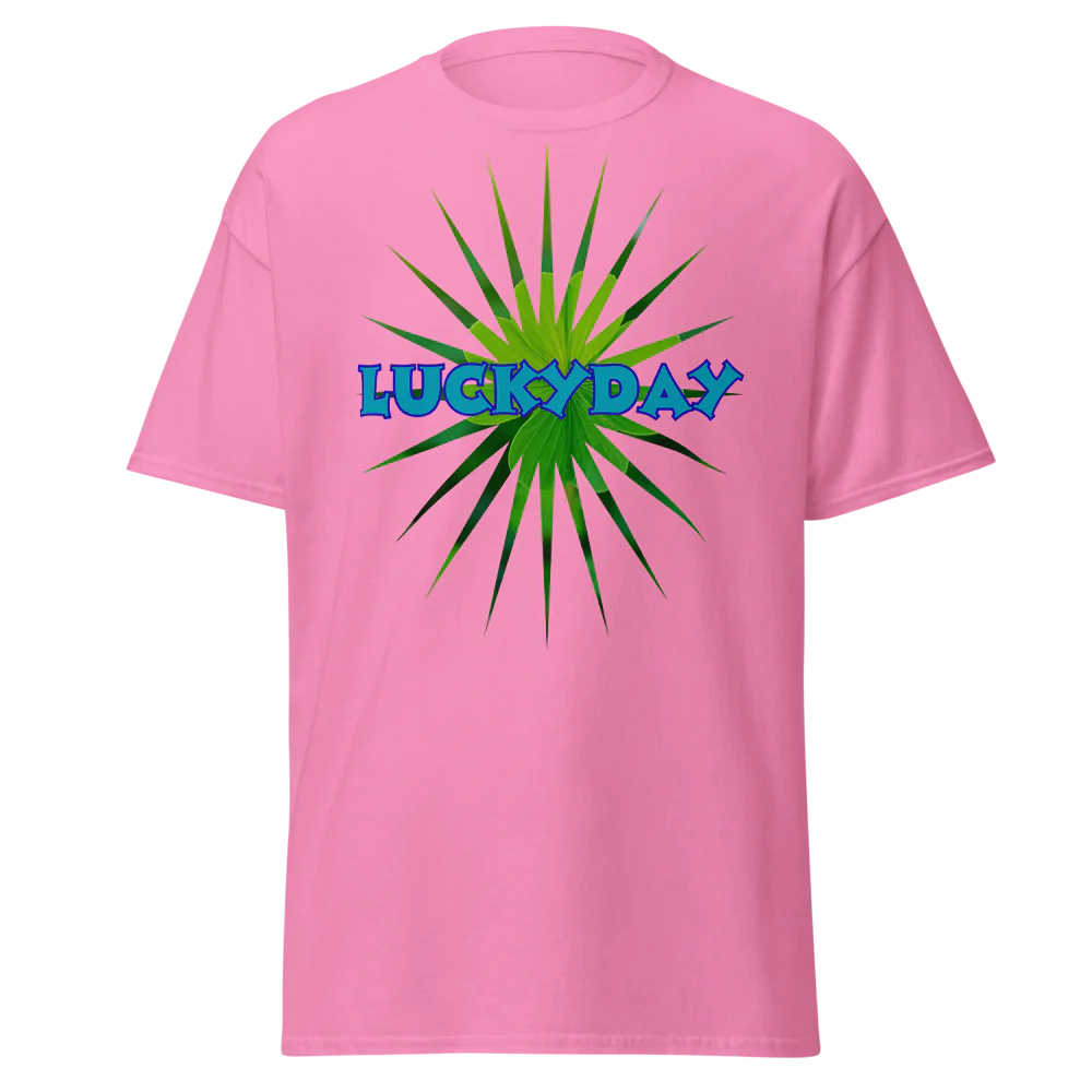 Pink t-shirt with 'LUCKY DAY' graphic design on a white background
