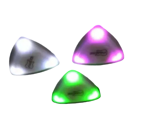 Three triangular LED lights in white, pink, and green on a black background.