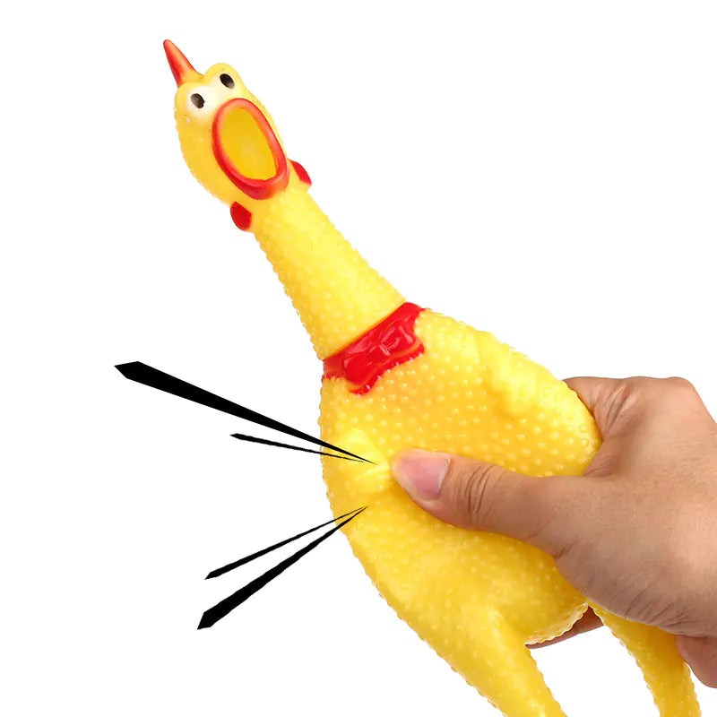 Yellow rubber chicken toy with a hand holding it on a white background