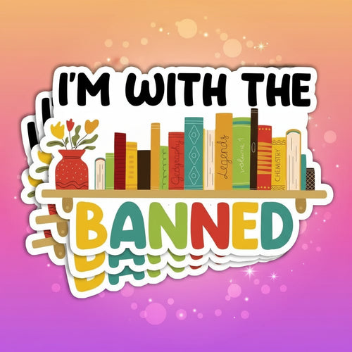 Sticker with books and 'I'm with the banned' text on a white background