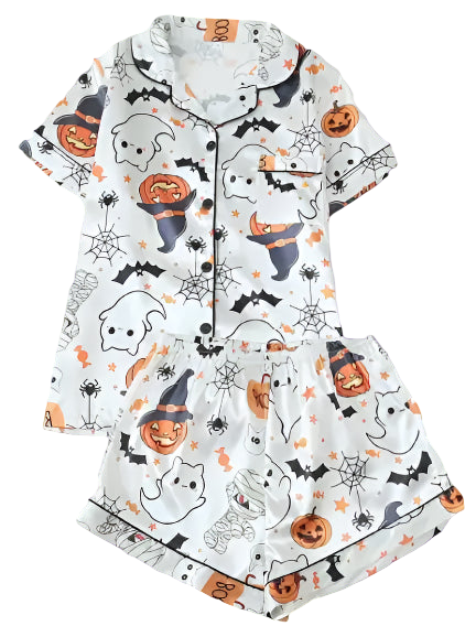 Halloween-themed baby romper with ghosts, pumpkins, and cats on a white background