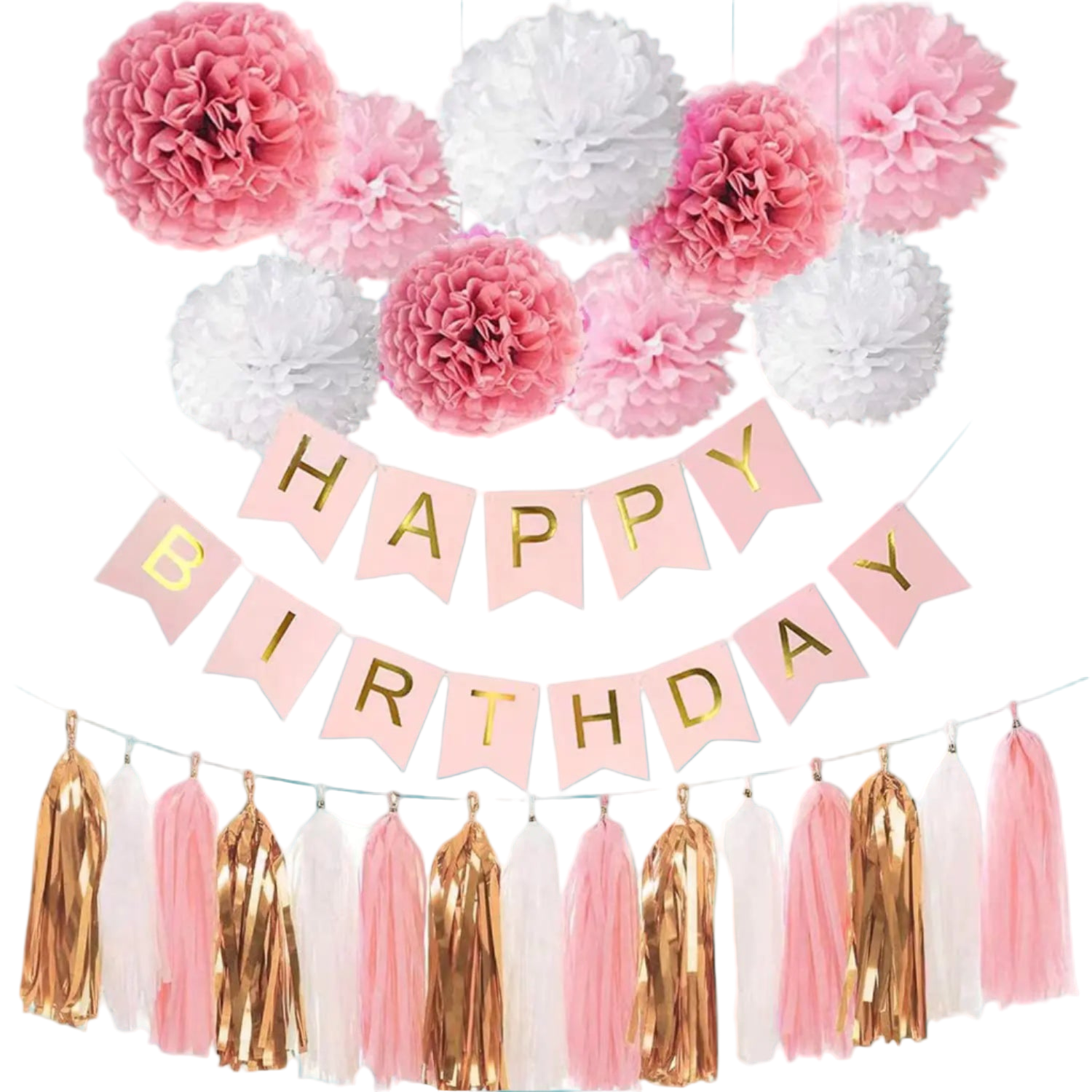 Decorative birthday banner with pink and white flowers and tassels on a white background