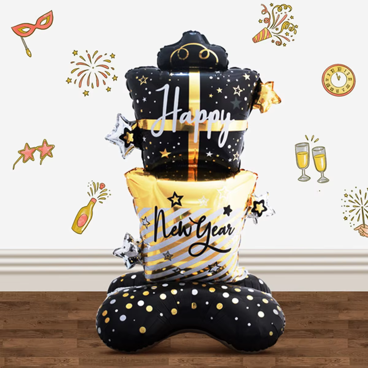 Stack of New Year-themed decorative pillows with festive designs on a wooden floor.