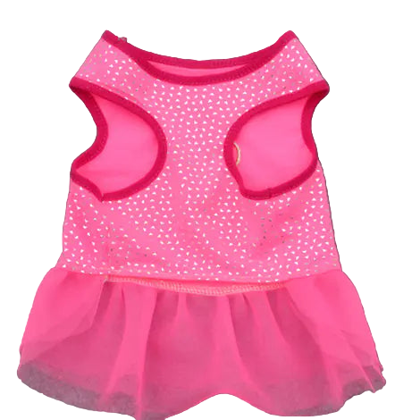 Pink pet dress with white polka dots on a gray background