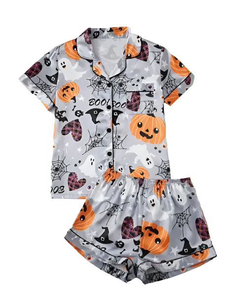 Halloween-themed pajama set with pumpkins, ghosts, and spiders on a white background.