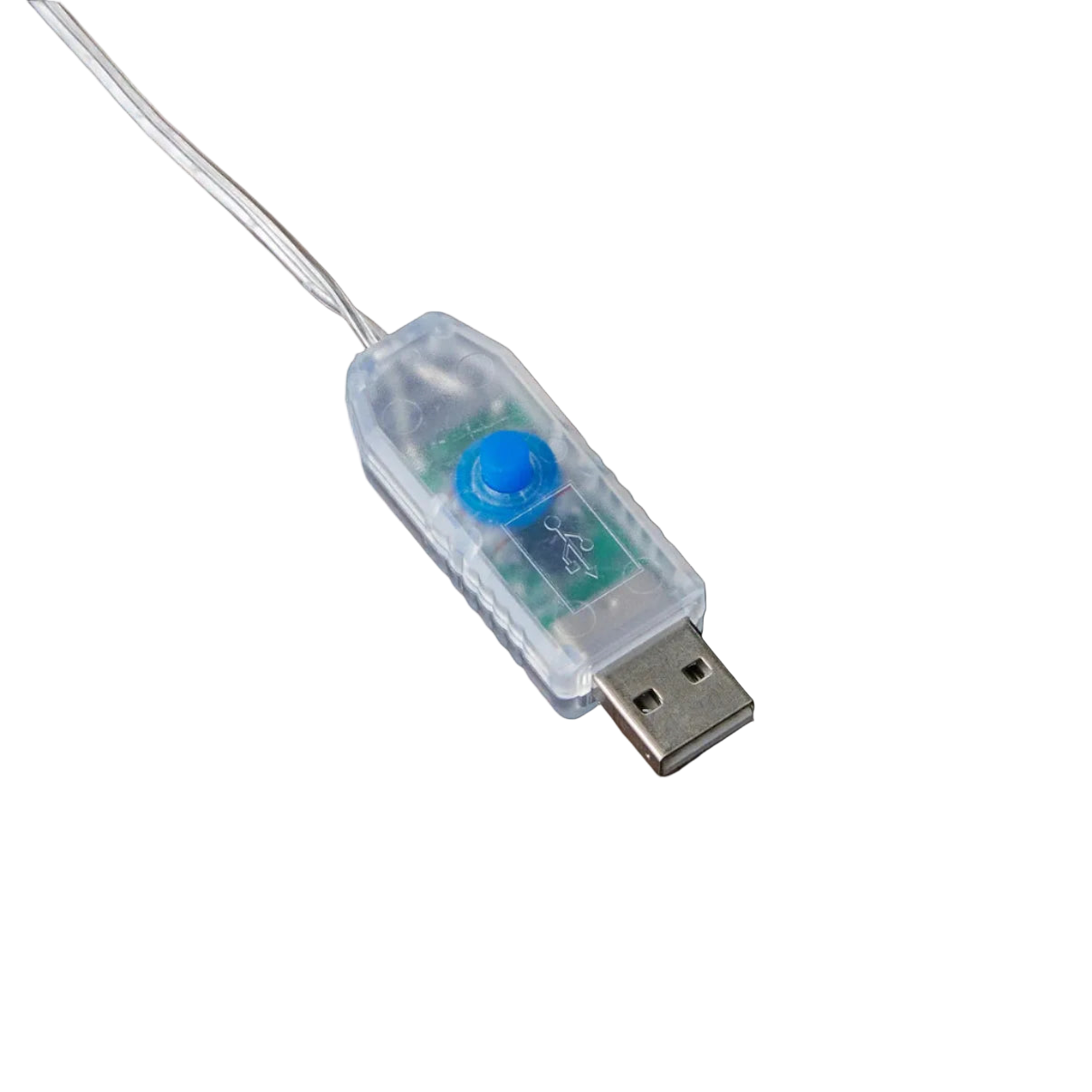 USB cable with a clear connector on a wooden surface