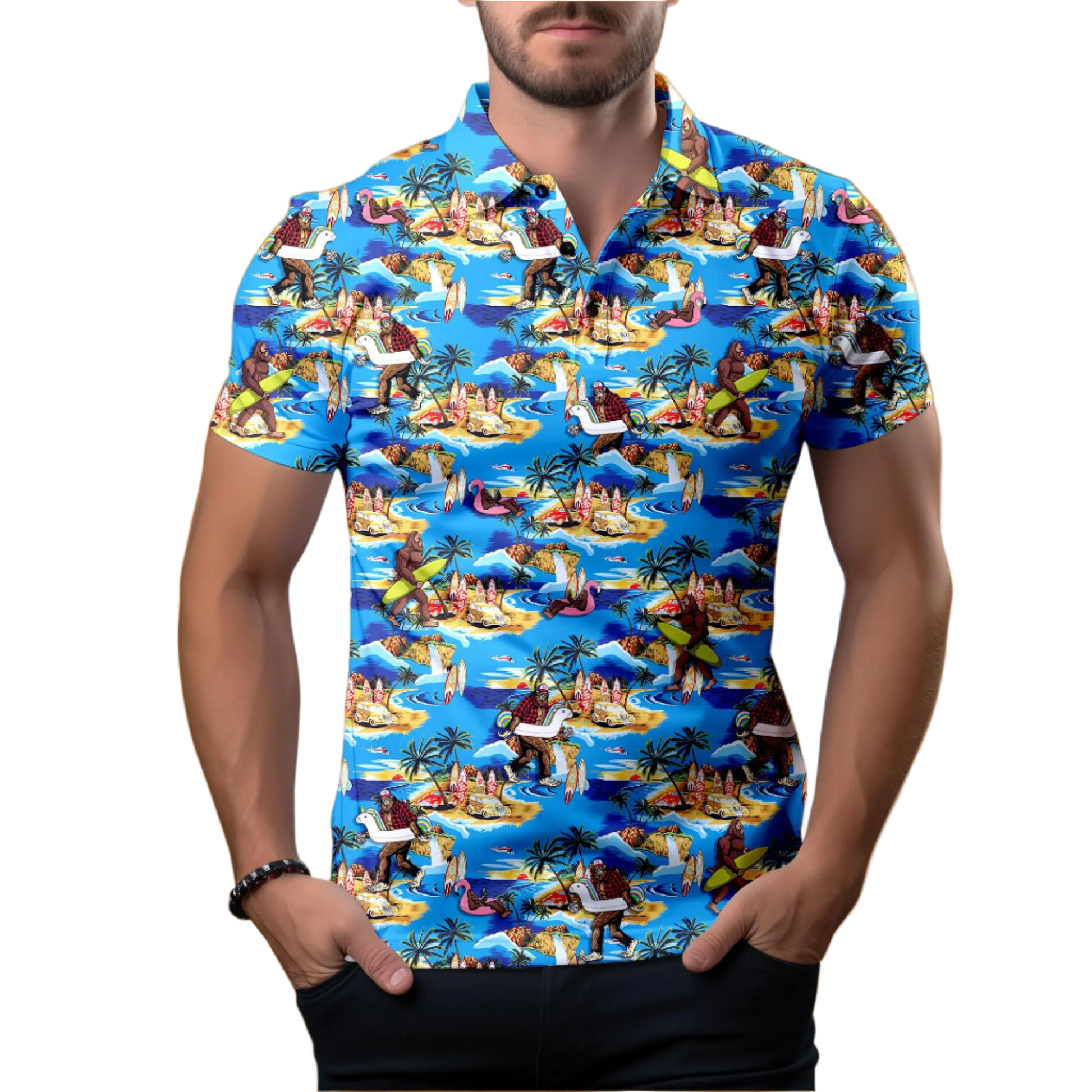 Man wearing a colorful patterned shirt with a tropical design on a white background