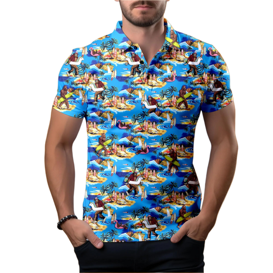 Man wearing a colorful patterned shirt with a tropical design on a white background