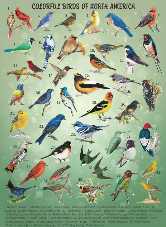 Colorful illustration of birds of North America with labels on a white background