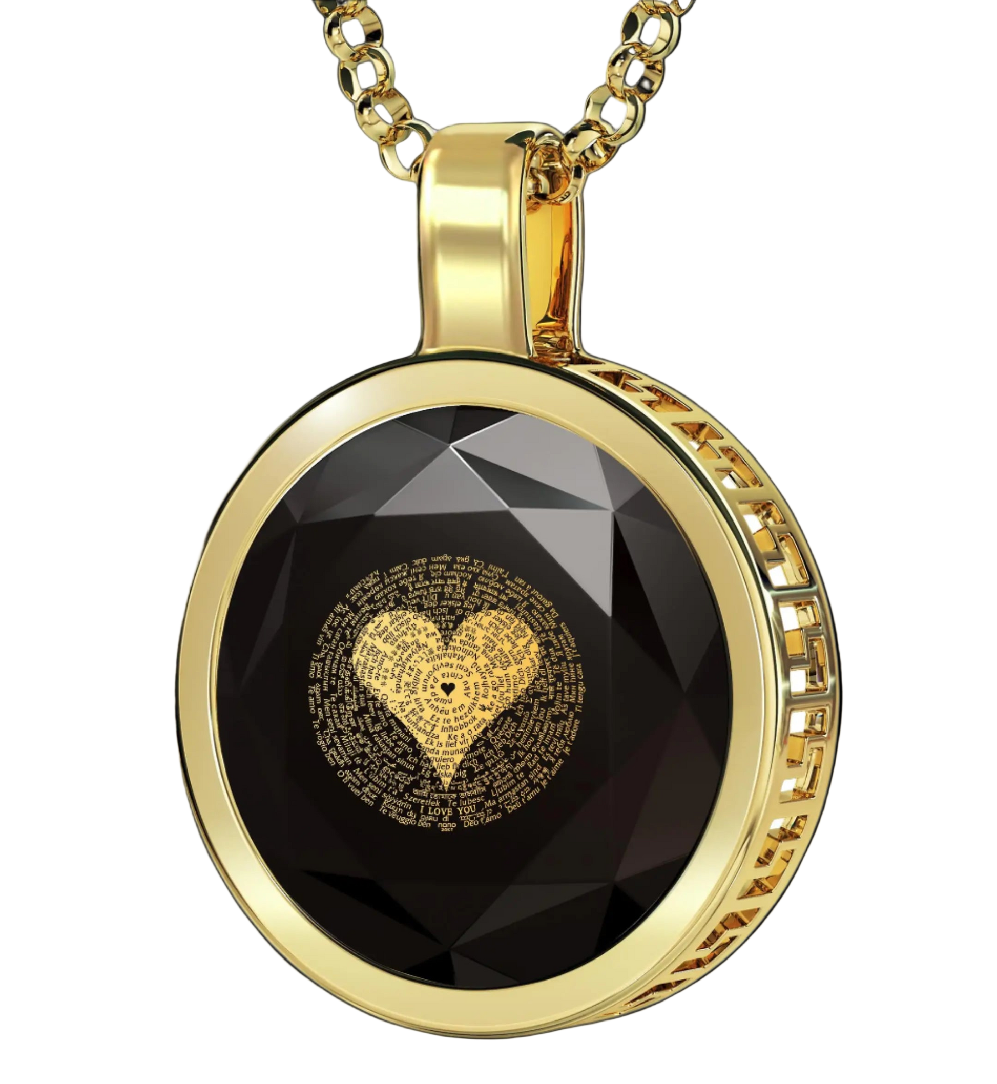 Gold necklace with a black pendant featuring a gold heart design on a white background