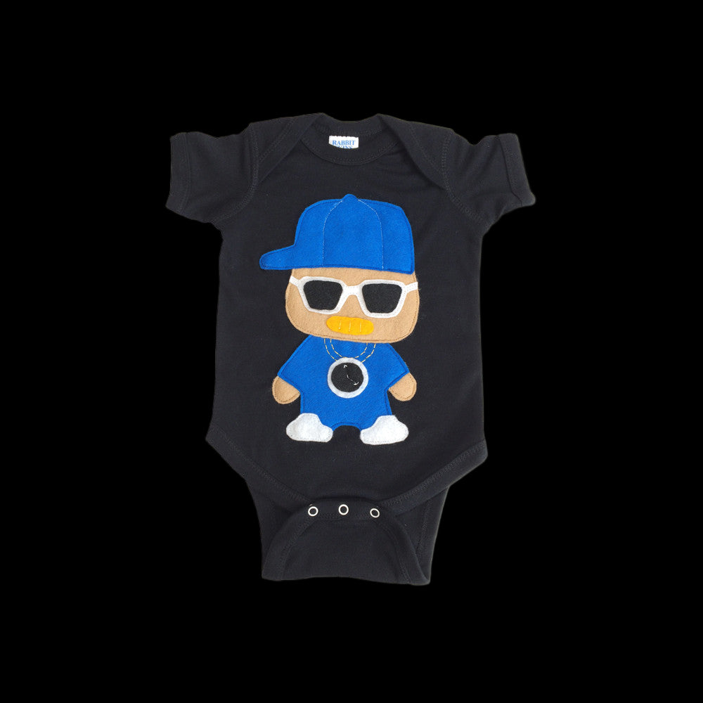Black baby onesie with a cartoon character wearing a blue cap and sunglasses on a white background